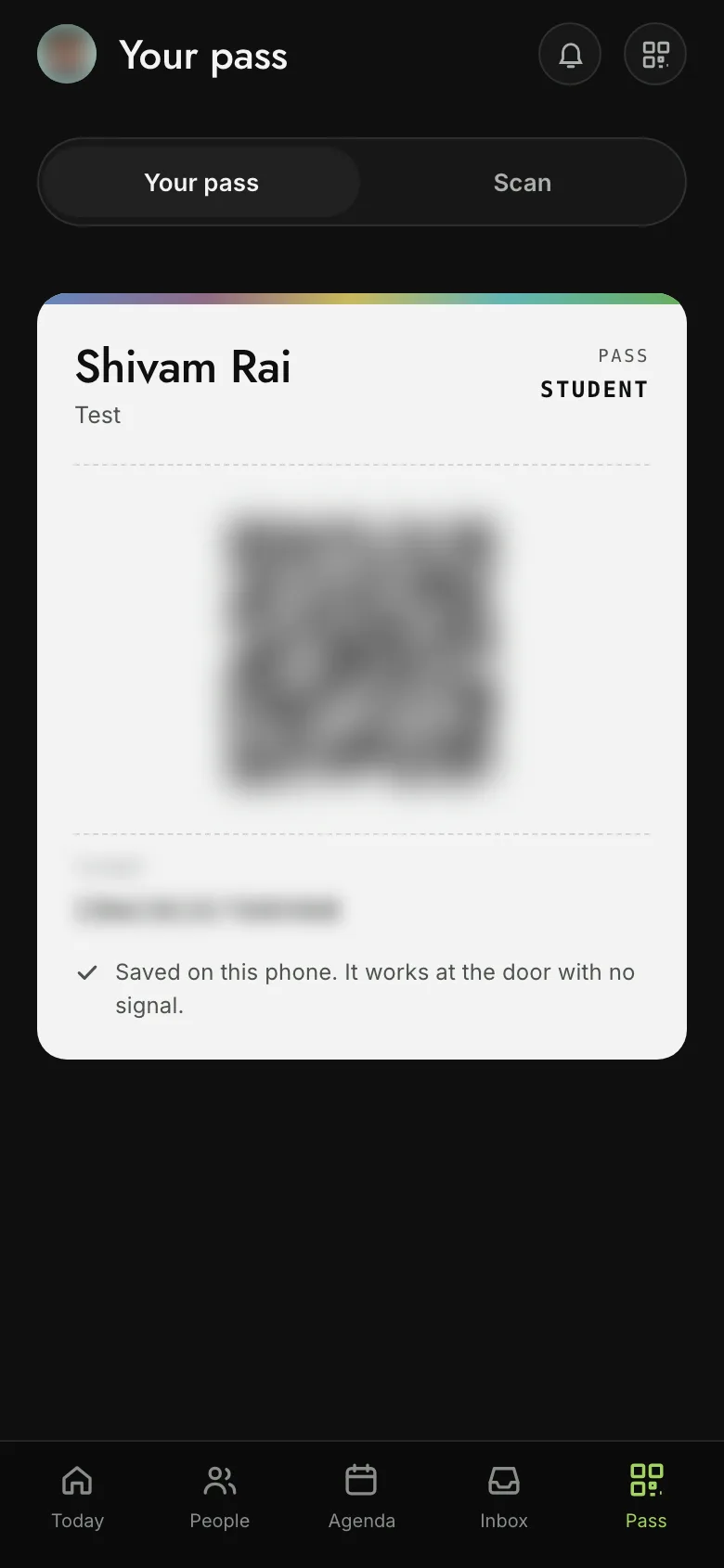 The digital pass screen in IBW Connect with the holder name, pass tier and entry QR code