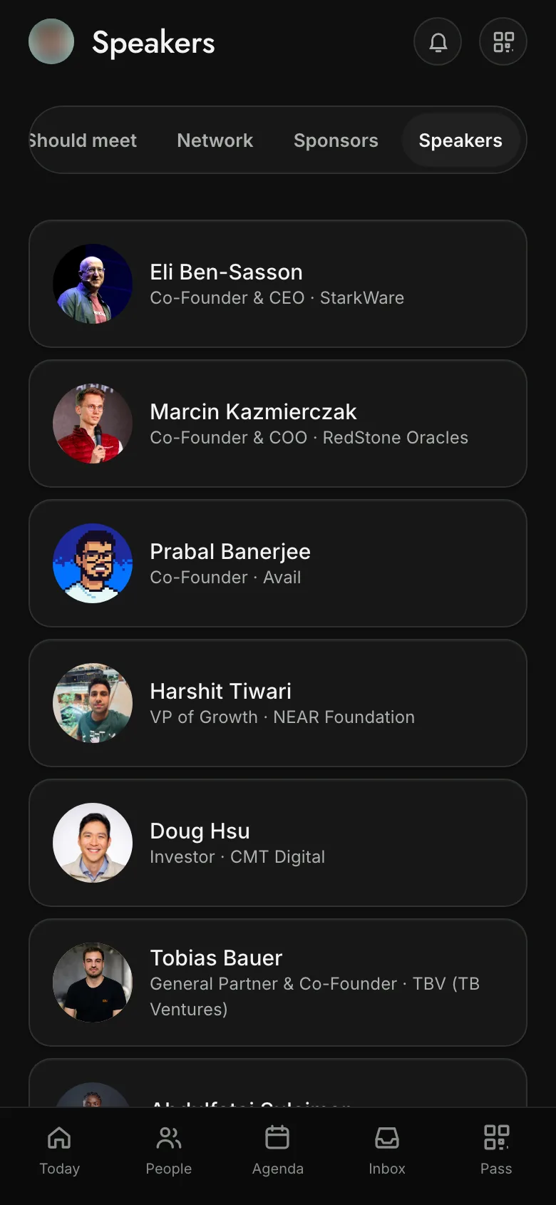 The Speakers screen in IBW Connect listing speakers with their roles and companies